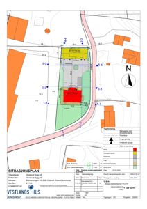 Situasjonsplan som viser tomtens form, grenser, nabolag, veier og bygningers plassering med angitte mål og areal.