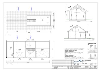 Bildet viser etasjeplaner (1. og 2. etasje) samt snittegninger (Snitt A og B) for en bygning, inkludert romfordeling, mål og tekniske krav.
