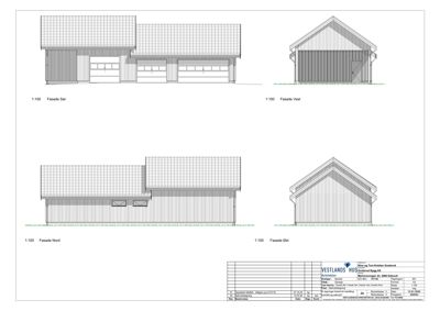 Fasadetegning som viser bygningens utseende fra fire sider (Sør, Vest, Nord, Øst) med mål og detaljer.