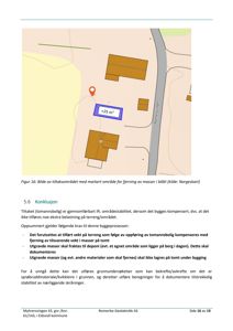 Et kart over et tilsiktsområde med markerte bygninger og et spesifikt område for masserfjerning. Kartet er hentet fra Norgeskart.