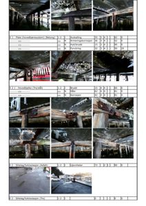 Et dokument med flere fotografier av en bygning underfra (fundament) og tak, kombinert med tabeller som beskriver skader og tilstand.