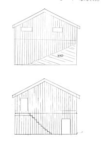 Oppriss (fasadetegning) av en bygning sett fra utsiden, med visning av vinduer, takform og trapp.