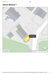 Situasjonskart fra Norkart som viser eiendommen 'Aanon Biesvei 1' med omgivende bygninger, vegnett og topografi.