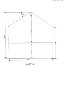 Snittegning (Snitt A) som viser bygningens høydeprofil, takhelling og romfordeling i tverrsnitt.