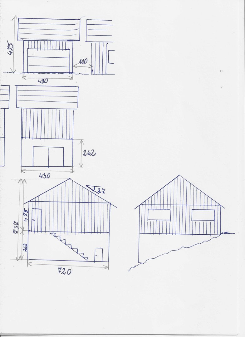 Håndtegnet fasadeoppvisning (oppsett) av en bygning med angitte mål og detaljer.