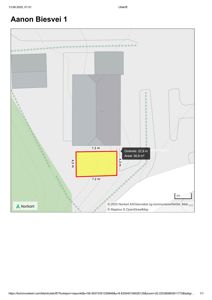 Situasjonsplan (tomtekart) som viser eiendommen Aanon Biesvei 1, med eksisterende bygninger og en markert gul firkant som antageligvis er et planlagt bygg eller areal. Kartet inneholder mål på den gule firkanten (7,2 m x 4,3 m) og informasjon om området.