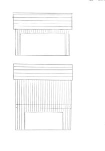 Tegning som viser fasadeoppsett for en bygning med to etasjer, inkludert tak og vindusoppsett.