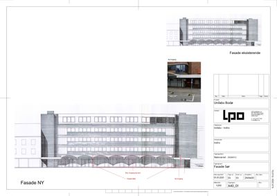 Tegning som viser fasadeutsnitt av en bygning, med merking av eksisterende og ny fasade.