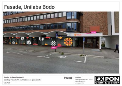 Fotografi av fasaden på Unilabs Bodø med skilt og foliedekor.
