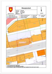 Situasjonskart som viser eiendomsnummer, adresse, dato, målestokk, nabolagsgrenser, eksisterende og planlagt bebyggelse, samt en markert ny inngang.