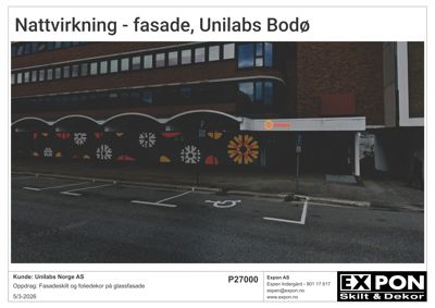 Fotografi av fasaden på Unilabs Bodø, som viser etablering av skilt og foliedekor.
