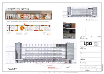Tegning som viser fasadeeksisterende og fasade NY med detaljer om foliering og skilting.