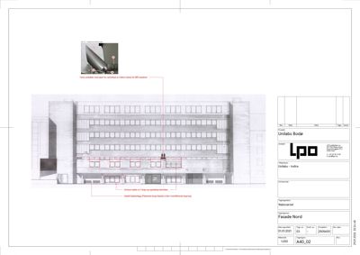 Fasadetegning av Unilabs Bode med detaljer om vinduer og fasadebehandling