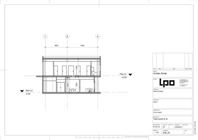 Tverrsnitttegning av bygningens etasjer (Plan U1 og Plan 01) med romfordeling og dimensjoner.