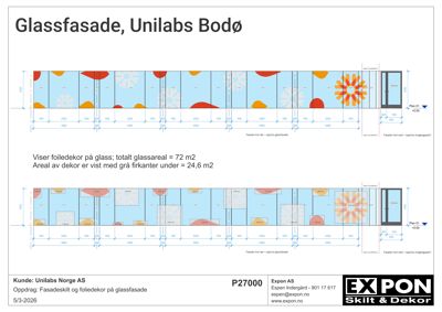 Tegning som viser detaljeringsplan for glassfasade med oppriss av foiledekor og glassareal.