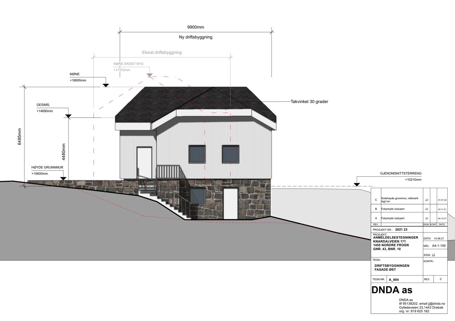 Oppriss (fasadetegning) av en ny driftsbygning med angitte mål, høyder og takvinkel.