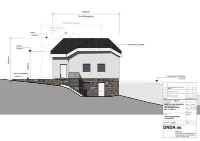 Oppriss (fasadetegning) av en ny driftsbygning med angitte mål, høyder og takvinkel.