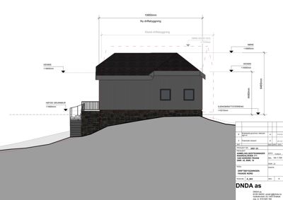 Fasadetegning som viser oppriss av en ny driftsbygning med mål, høyder og konstruksjonsdetaljer.