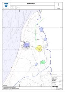 Situasjonskart som viser eiendommen med omgivende terreng, naboeiendommer og infrastruktur.