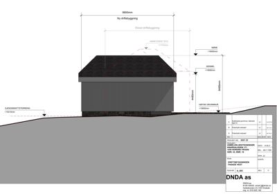 Fasadetegning (opprikk) som viser bygningens høyde, takform og grunnmur i forhold til terrenget.