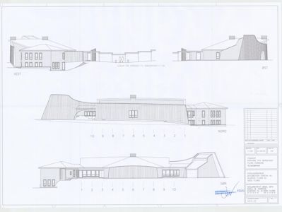 Fasadetegning som viser bygningens utseende fra fire sider (Vest, Øst, Nord og Sør).