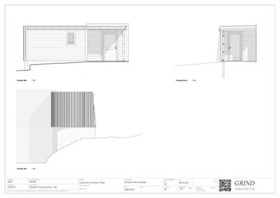 Fasadetegning som viser utsiden av en bygning sett fra tre ulike vinkler (vest, nord og sør).