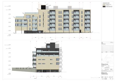 Fasadetegning som viser bygningens utseende fra øst og vest, inkludert vinduer, balkonger og fasadematerialer.