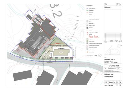 Situasjonsplan som viser tomtens beliggenhet, bygningers plassering, vegnett og omgivende infrastruktur.