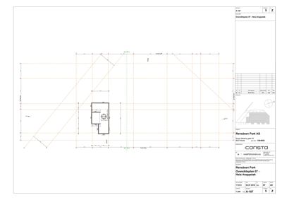 Oversiktsplan (A-107) som viser romfordeling og plassering av heis/trappetakt på etasjen.