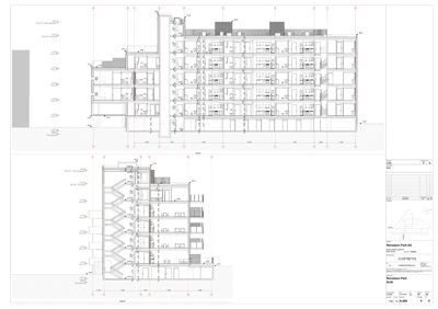 Snittegning som viser bygningens indre oppbygning, etasjer, romfordeling og konstruksjon.