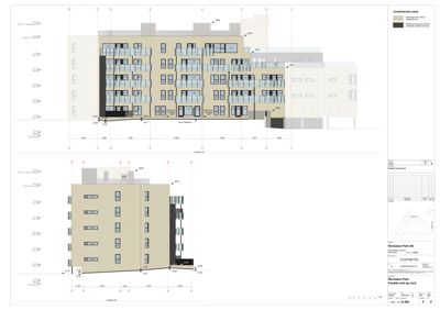 Fasadetegning som viser bygningens utseende fra nord, inkludert vinduer, balkonger og fasadematerialer.