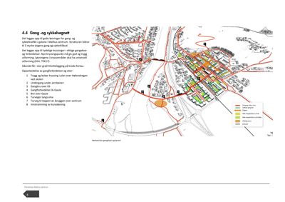Situasjonsplan som viser gang- og sykkelvegnettet i Melhus sentrum, inkludert gateplaner, kryssingspunkter og tilknytning til jernbanen.