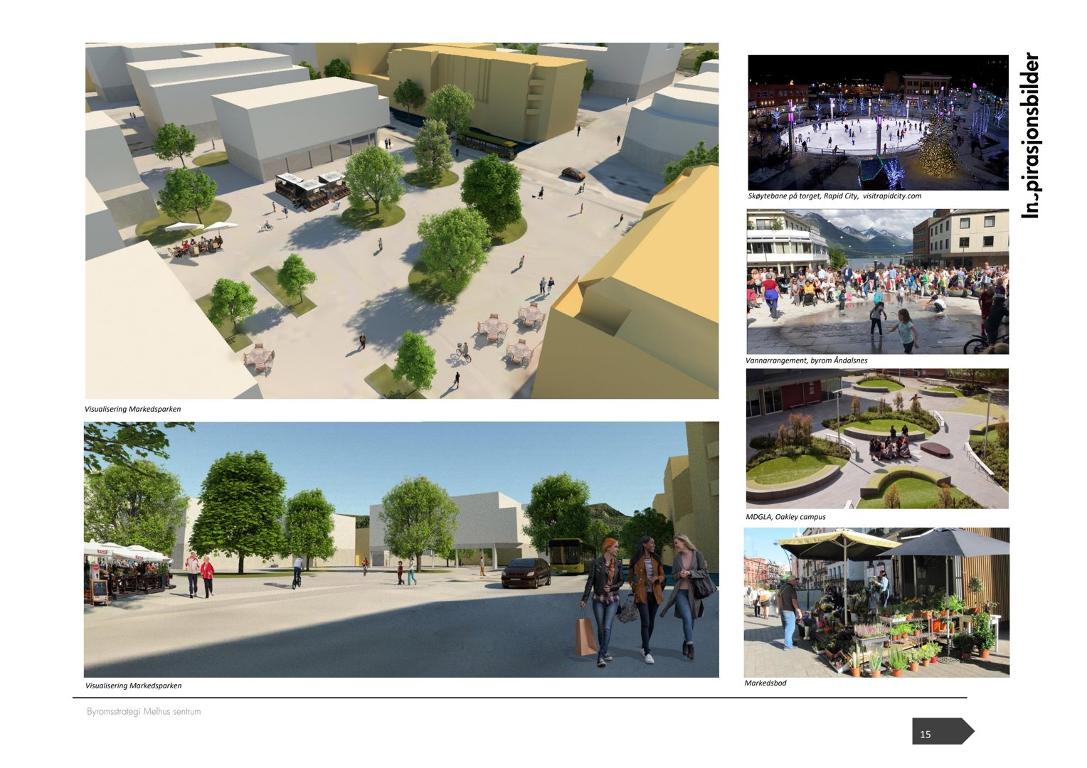 Bildet viser en 3D-visualisering av et planlagt markedsplass-prosjekt, inkludert både en oversiktsvisning og en nærbilde med mennesker og kjøretøy.