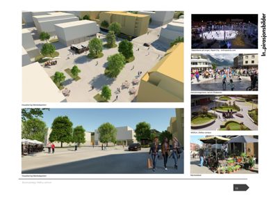 Bildet viser en 3D-visualisering av et planlagt markedsplass-prosjekt, inkludert både en oversiktsvisning og en nærbilde med mennesker og kjøretøy.