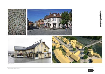 Et sammensatt bilde med flere fotografier av eksisterende bygninger og gater, samt en 3D-visualisering, som brukes som inspirasjon.