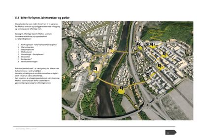 Et flyfoto av et byområde med overlagte gule linjer som markerer planlagte eller eksisterende byrom, idrettsarenaer og parker, samt nummererte punkter som refererer til en liste over spesifikke plasser.