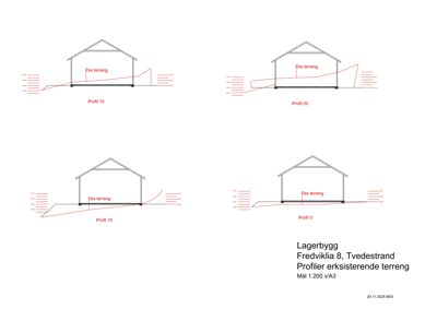 Snittegning som viser profilering av eksisterende terreng (Eks. terreng) i forhold til bygningen på flere punkter (Profil 0, 10, 15, 20).