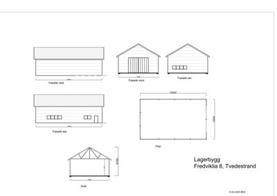 En tegning som viser fasader (vest, nord, sør, øst) og et snitt av en lagerbygning.