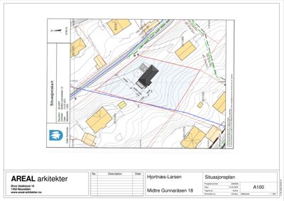 Situasjonsplan som viser tomtens beliggenhet, topografi, naboeiendommer og bygningers plassering.