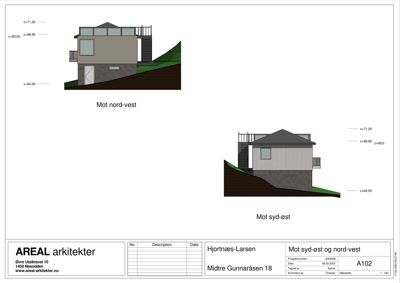 Fasadetegning som viser bygningens utseende sett fra nord-vest og syd-øst, med høydeangivelser (c=...) og terrengforhold.
