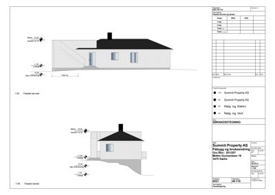 Fasadetegning som viser bygningens utseende fra to sider (sørvest og sørøst), inkludert høydeangivelser og trapp.