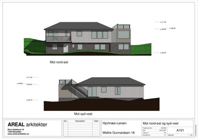 Snittegning som viser bygningens tverrsnitt sett fra nord-øst og syd-vest, inkludert høydeangivelser og terrengform.