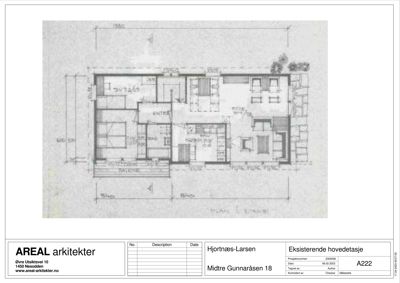 Plantegning av eksisterende hovedetasje for en bolig ved Midtre Gunnaråsen 18.