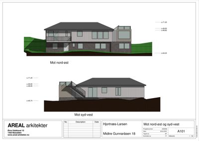 Fasadetegning som viser bygningens utseende sett fra nord-øst og syd-vest, inkludert høydeangivelser (c=) og terrengforhold.