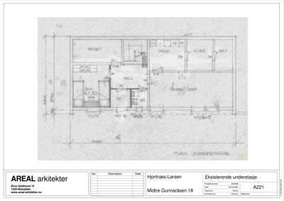 Plantegning av eksisterende underetasje med romfordeling og mål.