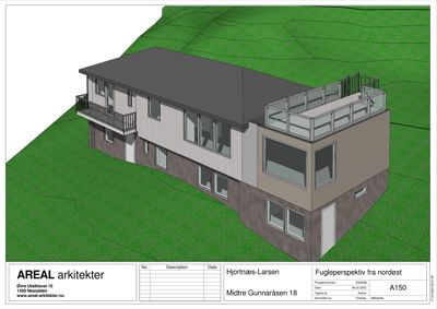 3D-visualisering (fugleperspektiv) av en toetasjes bolig med balkong og terrasse, sett fra nordøst.