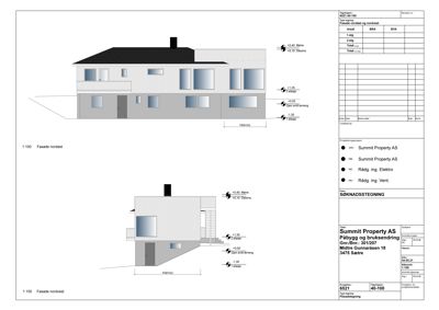 Fasadetegning som viser bygningens utseende fra nordøst og nordvest, inkludert høydeangivelser og mål.