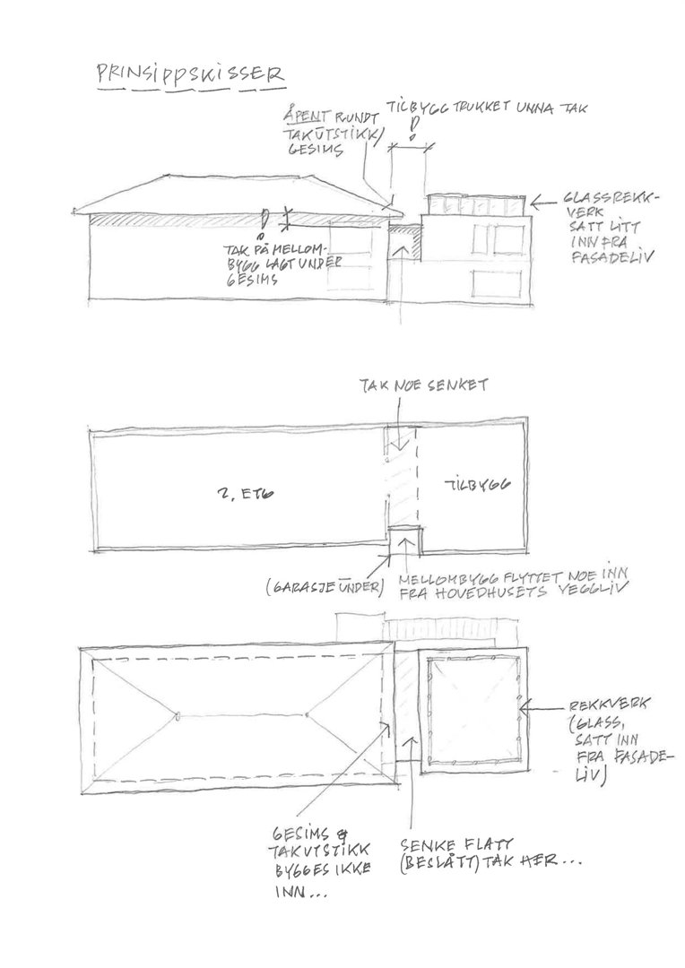 Håndskrevne prinsippskisser som viser ulike fasade- og takløsninger for en bygning, inkludert etasjeplaner og detaljer om glassvegger og takhøyder.
