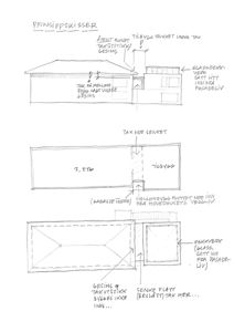Håndskrevne prinsippskisser som viser ulike fasade- og takløsninger for en bygning, inkludert etasjeplaner og detaljer om glassvegger og takhøyder.