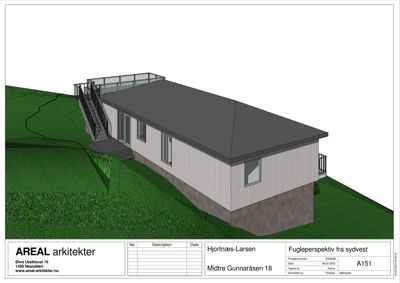 3D-visualisering (fugleperspektiv) av en husmodell på et skrått terreng.